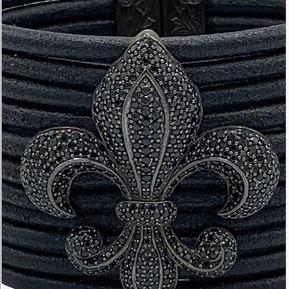 $7️⃣5️⃣0️⃣SCOTT KAY 925 Sterling Fleur-de-Lis Black Spinel Leather Bracelet - Picture 2 of 4